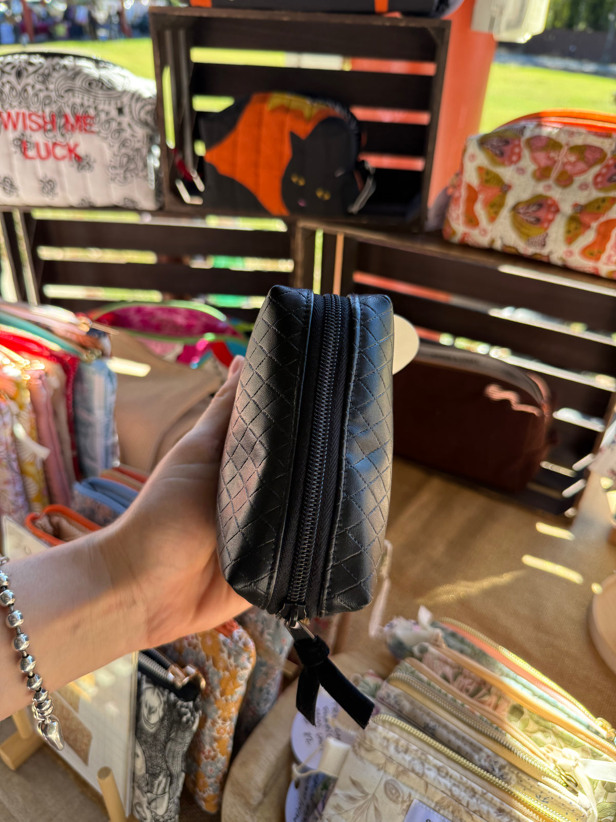 Black Vegan Leather Mini Boxy Pouch with William Morris Lining