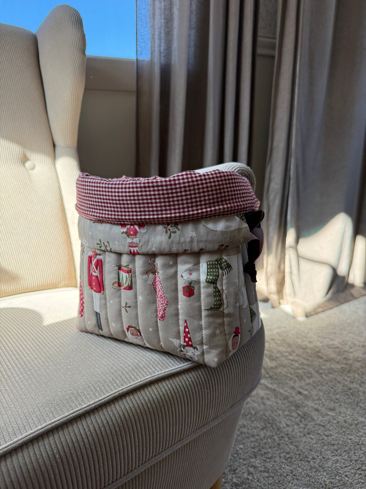 Handmade Quilted Drawstring Bucket – Reusable Gift Bag & Organizer