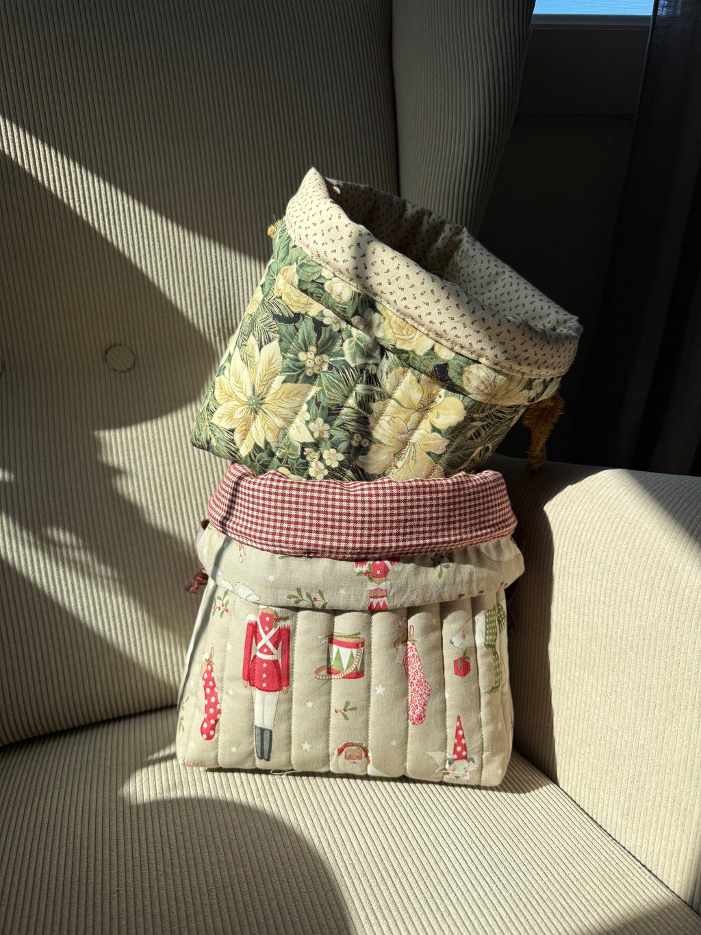 Handmade Quilted Drawstring Bucket – Reusable Gift Bag & Organizer