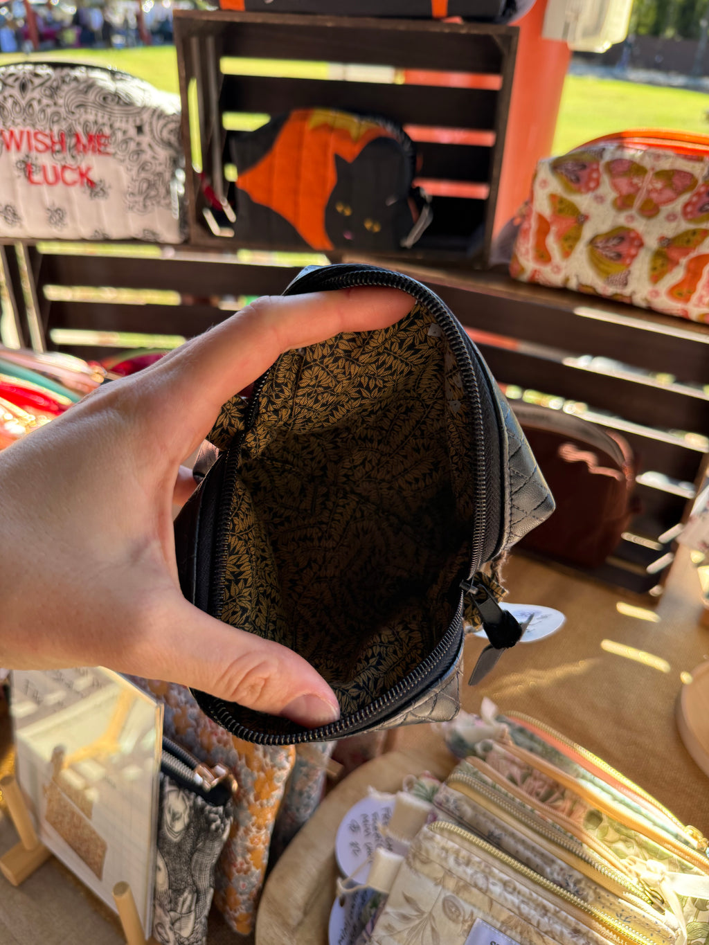 Black Vegan Leather Mini Boxy Pouch with William Morris Lining