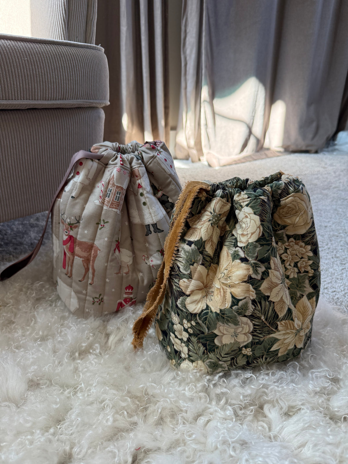 Handmade Quilted Drawstring Bucket – Reusable Gift Bag & Organizer