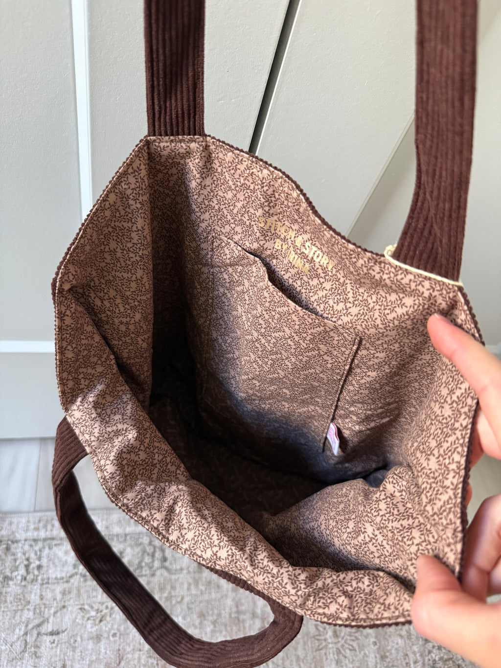 Corduroy Tote Bag with Interior Phone Pocket