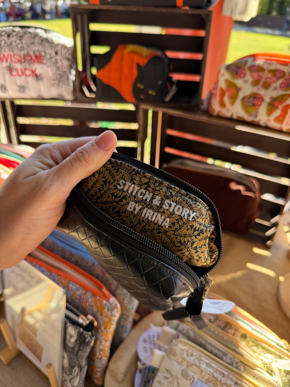 Black Vegan Leather Mini Boxy Pouch with William Morris Lining