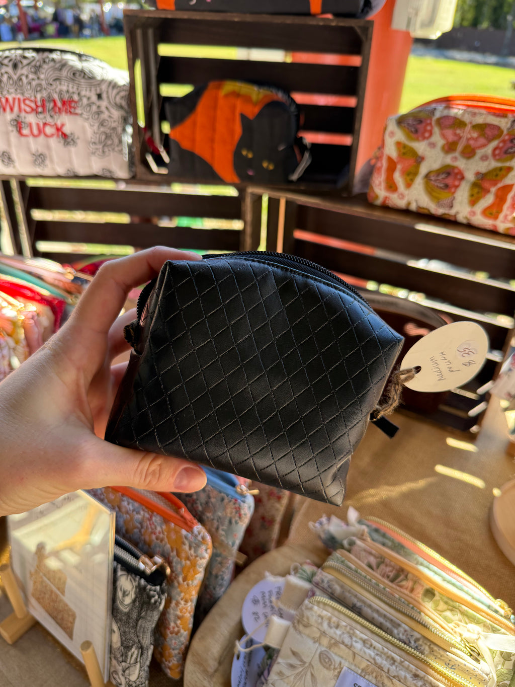 Black Vegan Leather Mini Boxy Pouch with William Morris Lining