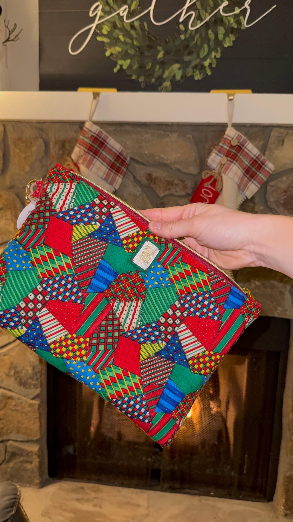 Festive Patchwork Flat Pouch | Holiday Organizer & Gift Bag