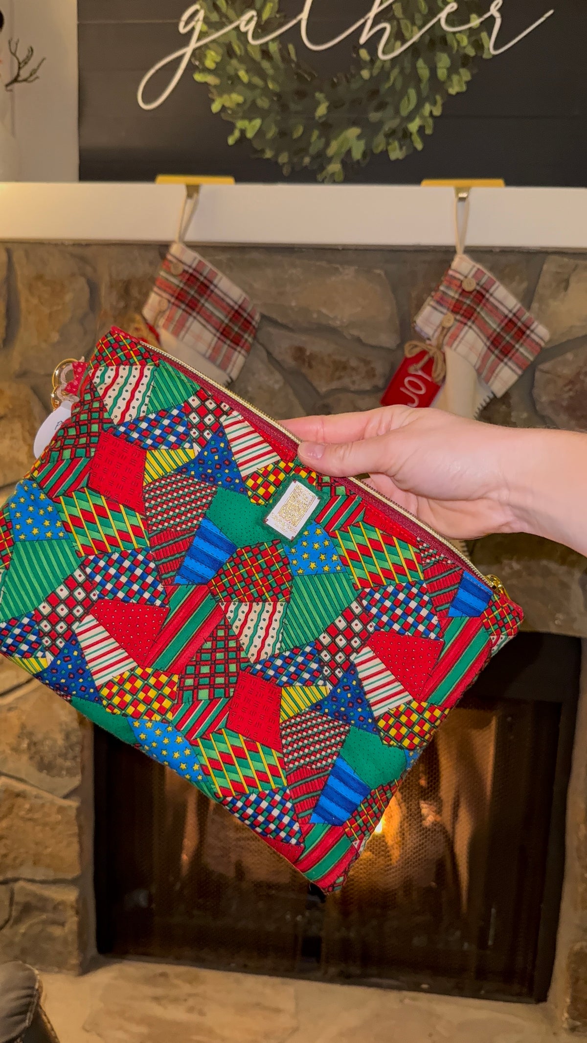 Festive Patchwork Flat Pouch | Holiday Organizer & Gift Bag