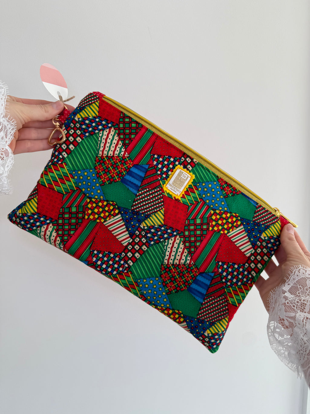 Festive Patchwork Flat Pouch | Holiday Organizer & Gift Bag