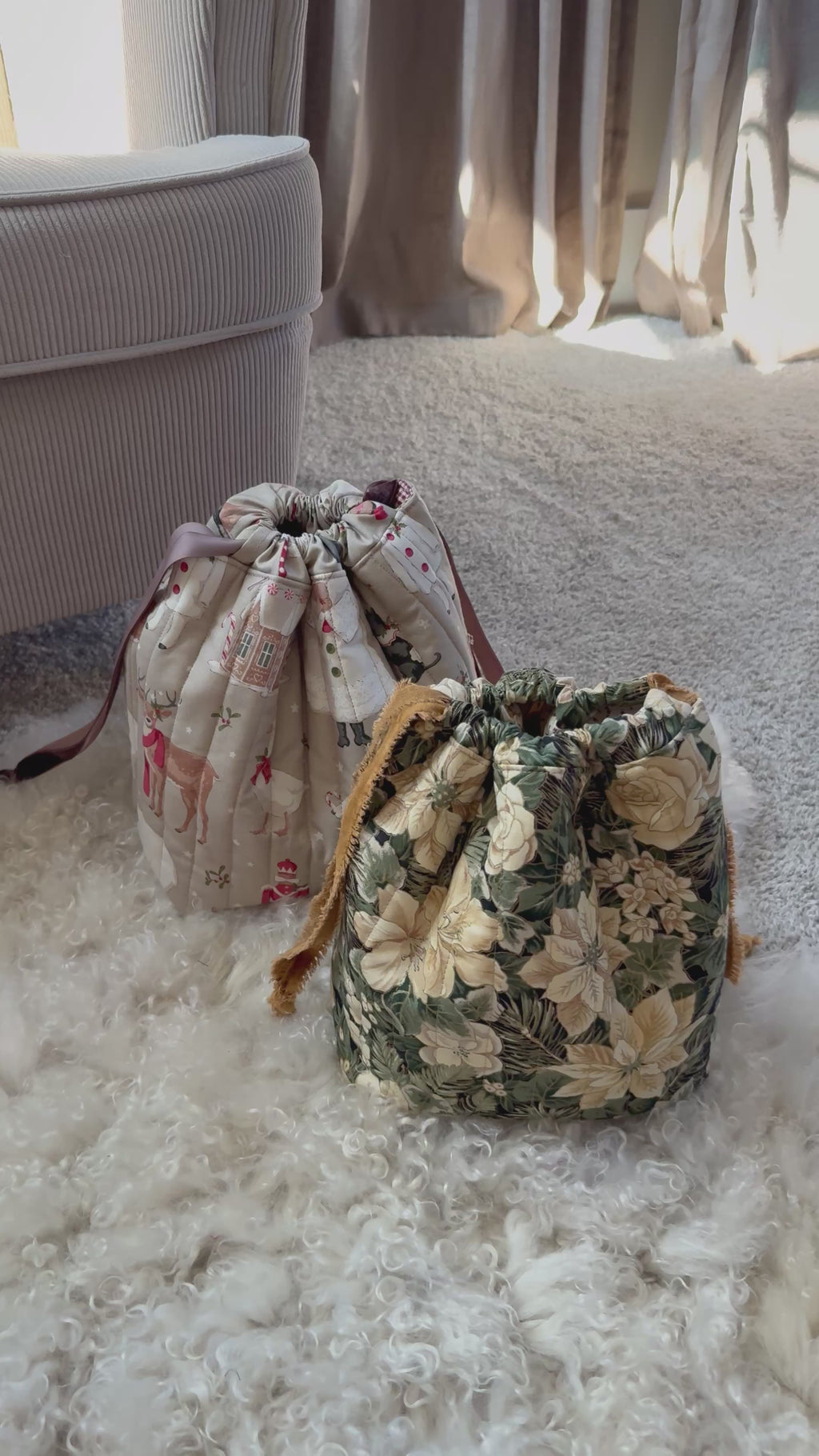 Handmade Quilted Drawstring Bucket – Reusable Gift Bag & Organizer
